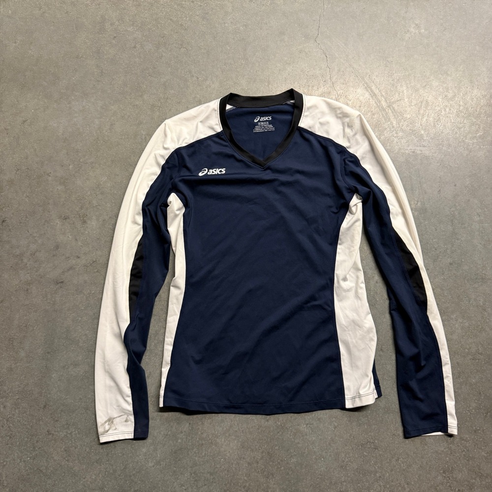 Asics Womens Navy Blue White Long Sleeve Volleyball Jersey Athletic Top Size S